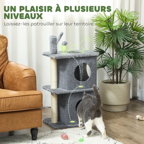 Arranhador para gatos de 3 níveis em forma de torre, com 2 compartimentos abertos e uma superfície de descanso confortável, bola 43 x 33 x 80 cm cinze