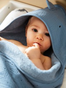 Agora -15%: Capa de banho + luva de banho para bebé, em gaze de algodão, tema Pequeno Dinossauro azul medio liso com motivo