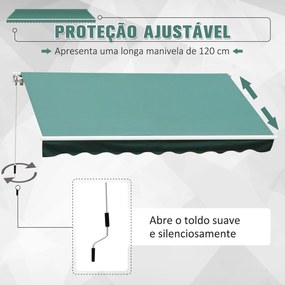 Toldo de Alumínio Manual Dobrável com Manivela para Varanda Pátio Jardim e Terraço Tecido de Poliéster 280g / m² - Verde Escuro - 4x2.5m