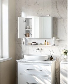 Armário espelho de casa de banho de 3 portas com iluminação e prateleira regulável em altura 14,5 x 70 x 70 cm Branco