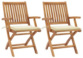 vidaXL Cadeiras de jardim c/ almofadões cor creme 2 pcs teca maciça