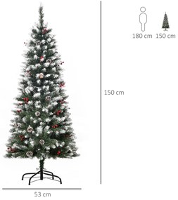 Árvore de Natal Artificial 150cm Ignífugo com 408 Ramos 28 Bagas 24 Pinhas Folhas de PVC e Suporte Metálico Decoração de Natal para Interiores Verde