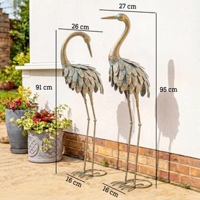 Conjunto de 2 estátuas de jardim, escultura de garça em metal, estátuas de aves 91/95 cm, para pátio, lago, terraço, dourado/azul