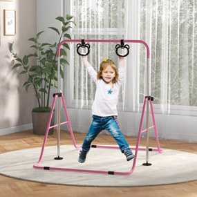 Barra de Ginástica para Crianças com Altura Ajustável em 5 Níveis Anéis e Dobrável 148x105x88-128 cm Rosa