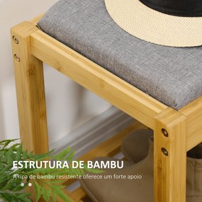 Banco Sapateiro de Bambu com Assento Estofado para 3 Pares de Sapatos e Prateleira de 90x30x46 cm Madeira