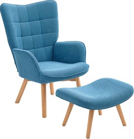 HOMCOM Poltrona de destaque com pufe, Poltrona relax com aparência cotelê, Poltrona com apoios de braço e pernas de madeira, para sala de estar, Azul | Aosom Portugal