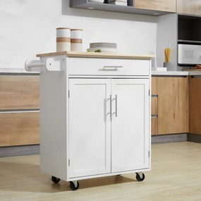 Carro de serviço de cozinha com rodas Ilha de cozinha com gaveta de armário e suporte para panos de cozinha - branco