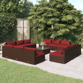 vidaXL 13 pcs conjunto lounge jardim c/ almofadões vime PE castanho