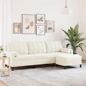 Sofá de 3 lugares com apoio de pés 210 cm veludo cor creme