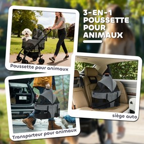 Carrinho para cães «Pousse-Chien» 3 em 1, desmontável, dobrável, com alcofa removível e sem fecho de correr, suspensão, cinzento