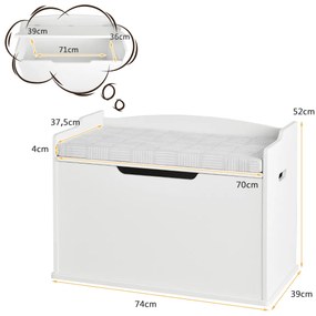 Arca de brinquedos com tampa Tampa elevável Caixa de brinquedos com banco Utilização dupla como banco grande de madeira Branco