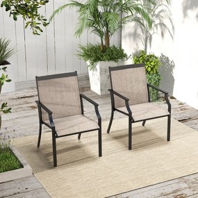 Conjunto de 2 cadeiras de jardim com assento respirável Estrutura metálica encosto alto e apoios de braços ergonómicos Castanho
