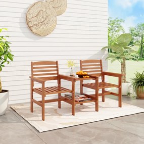 Sofá de jardim de 2 lugares com mesa de café em madeira com orifício para guarda-sol para jardim, piscina, varanda, terraço Castanho