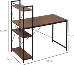 Secretária de canto com arrumação 120 C x 64 L x 121 A cm, estilo industrial, com estante de 3 prateleiras em aglomerado com acabamento em cor nogueir