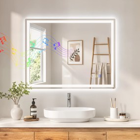 Espelho de Casa de Banho LED Bluetooth, 90 x 3,5 x 70 cm, Antiembaciamento, Prateado