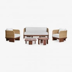 Conjunto De Sala De Estar Com Sofá De 3 Lugares, 2 Poltronas E 2 Mesas De Centro Em Vime E Madeira De Acácia Famara Castanho Acácia - Sklum