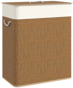 HOMCOM Cesto de Roupa com Tampa 100L de Bambu com 2 Compartimentos Bolsa Interior Amóvivel 52x32x63 cm Marrom e Creme | Aosom Portugal