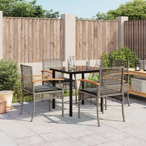 5 pcs conjunto de jantar p/ jardim c/ almofadões vime PE cinza