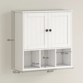 Armário de parede para casa de banho, móvel de arrumação com 2 portas, prateleira ajustável e compartimentos abertos, branco