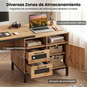 Secretária de escritório com ampla superfície de trabalho 181 x 60 x 76 cm, compartimentos abertos, gavetas e armário com 1 porta, cor natural