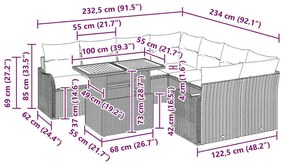 Conjunto de Sofá de Jardim com 9 peças e almofadas pretas em rattan si