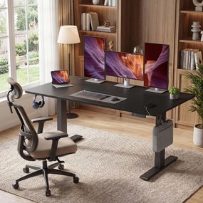 Secretária com regulação elétrica da altura 140 x 80 x (72-120) cm, secretária para trabalhar em pé com porta-cabos tipo C, preta