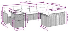 10 pcs conjunto sofás de jardim c/ almofadões vime PE preto