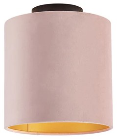 Candeeiro de teto com abajur em veludo rosa antigo com dourado 20 cm - Combi Preto Clássico / Antigo