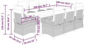 9 pcs conj. jantar jardim c/ almofadões vime PE bege misturado