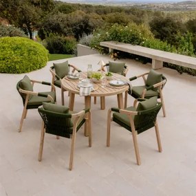 Conjunto De Mesa Redonda De 120 Cm E 6 Cadeiras De Jardim Com Braços Em Madeira De Acácia Do Dubai Verde Exército Claro & Castanho Acácia - Sklum