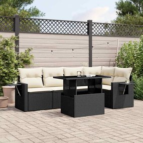 6 pcs conjunto sofás de jardim c/ almofadões vime PE preto