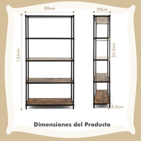 Estante alta com 5 níveis de armazenamento Estrutura metálica para escritório Sala Quarto Cozinha 80 x 29 x 154 cm Castanho Rústico + Preto