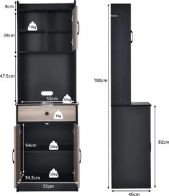 Armário de cozinha alto 60 x 40 x 180 cm, com 2 portas e gaveta, prateleiras ajustáveis e orifício para cabos, espaço para micro-ondas, Preto e castan