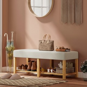 Banco entrada para sapatos 120 x 44 x 48 cm, banco com espaço de arrumação e assento almofadado, prateleira aberta, bege, efeito de madeira natural
