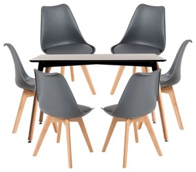 Conjunto Mesa Retangular 120 x 80 cm Preta e 6 Cadeiras Nórdicas Synk - Cinza