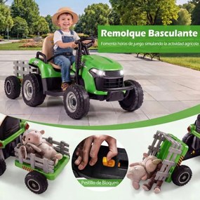 Trator elétrico de 24 V, trator infantil com reboque rebatível e removível, controlo remoto, música e faróis LED, a partir dos 3 anos, Verde