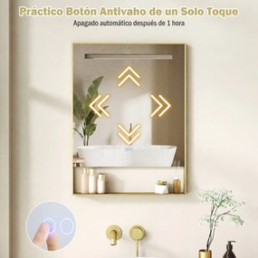 Espelho de casa de banho com LED 80 x 60 cm, função antiembaciamento, 3 cores de luz e brilho ajustável, moldura em alumínio com estante de parede, do