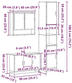 3 pcs Conjunto móveis casa de banho madeira proc. cinza sonoma