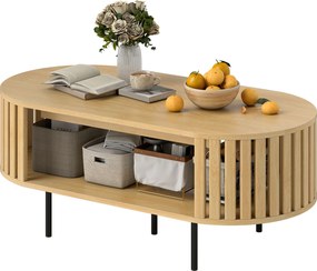 Mesa de centro oval  100 x 50 x 40 cm, mesa de sala com espaço de arrumação, cantos arredondados, design em ripas efeito de madeira natural