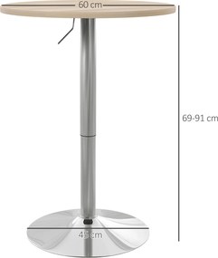 Mesa Alta de Bar Redonda (BANCOS NÃO INCLUIDOS) para 2 Pessoas Altura Ajustável Tampo Giratório 360° 60x60x91 cm Carvalho Claro