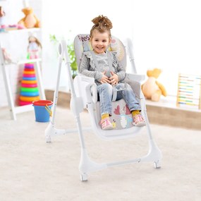 Cadeira refeição alta infantil dobrável com baixo custo reclinável e regulável em altura 4 rodas universais com travões 96 x 60 x 89-107 cm Cinzento