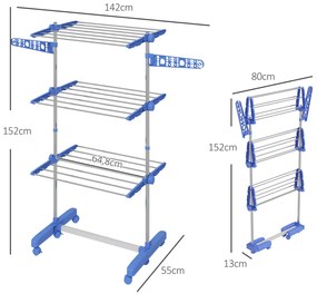 Estendal para Roupa Dobrável 80x55x152cm com 6 Rodas e 3 Prateleiras com Altura Ajustável de Aço Inoxidável Prata e Azul