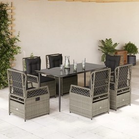 7 pcs conj. jantar p/ jardim c/ almofadões vime PE cinza-claro
