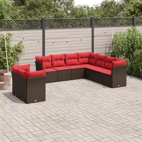vidaXL 9 pcs conjunto sofás p/ jardim c/ almofadões vime PE castanho