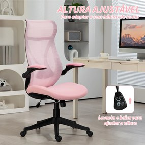 Cadeira de Escritório Giratória com Altura Ajustável Apoio para os Braços Dobráveis e Função Basculante 66x66x113-121 cm Rosa