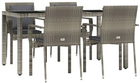 5 pcs conjunto de jantar p/ jardim c/ almofadões vime PE cinza