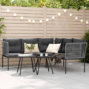 vidaXL Sofá de jardim c/ almofadões formato de L aço/textilene preto