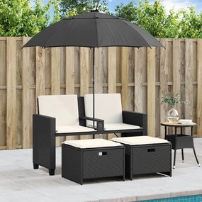 Sofá de jardim 2 lugares com guarda-sol e bancos vime PE preto
