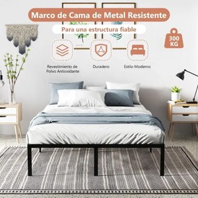 Estrutura de cama de metal simples e resistente de tamanho 201 x 151 x 36 cm com suporte de ripas de ferro e arrumação Preta