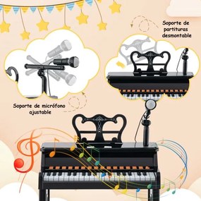 Piano para crianças de 3 anos eletrónico com 37 teclas, microfone ajustável e suporte de música amovível Preto